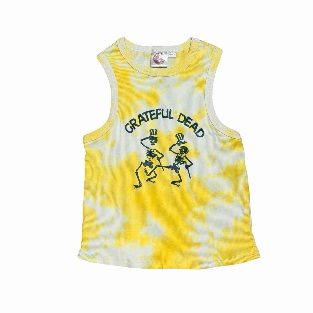 Grateful Dead Yellow Tank Top Women's M Cropped Tie-Dye Ribbed Festival Music